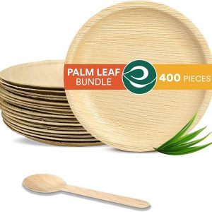 Palm Leaf Value Pack | Includes 6 inch Round Plate, 160 mm Birchwood Spoon