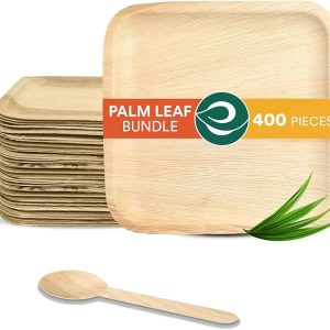 Palm Leaf Value Pack | Includes 6 inch Square Plate, 160 mm Birchwood Spoon