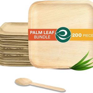Palm Leaf Value Pack | Includes 8 inch Square Plate, 160 mm Birchwood Spoon